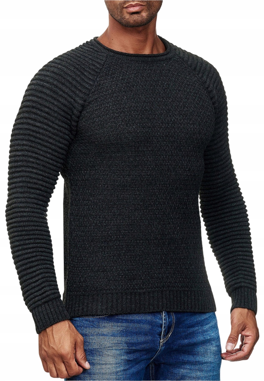 Pánský svetr Elegantní Žebrované Rukávy Tlustý Teplý Antracitový 4XL