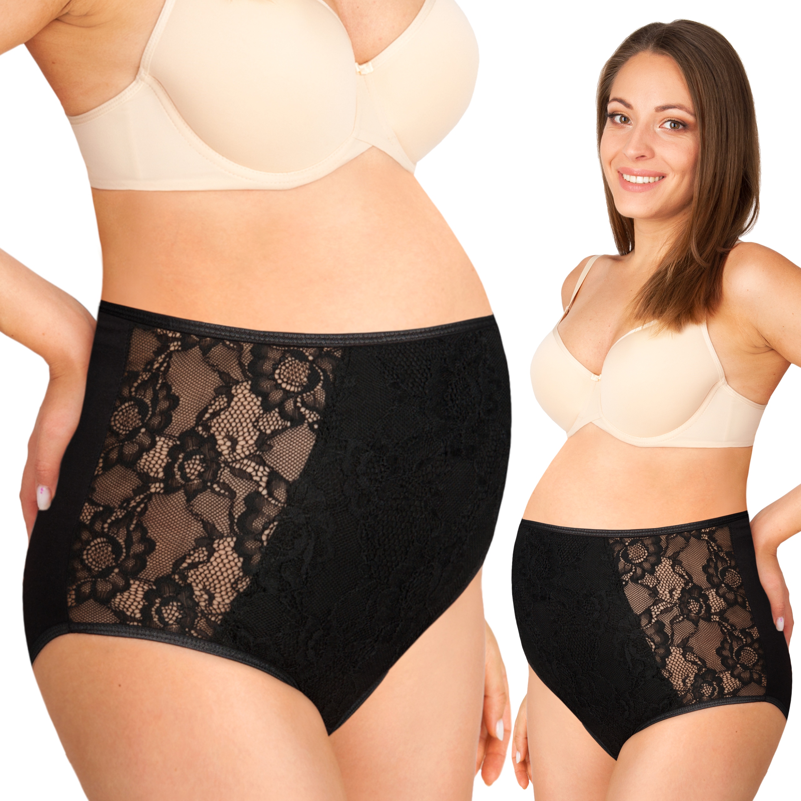 Koronkowe majtki ciążowe profilowany wysoki panel czarne L/XL Marka Inna marka