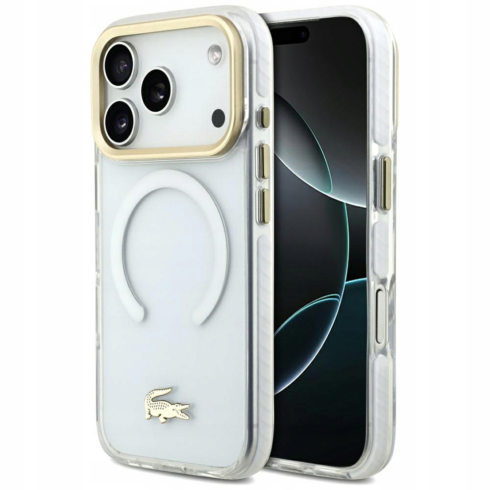 Etui Lacoste Shockproof Gold Logo MagSafe do iPhone 17 Pro biały