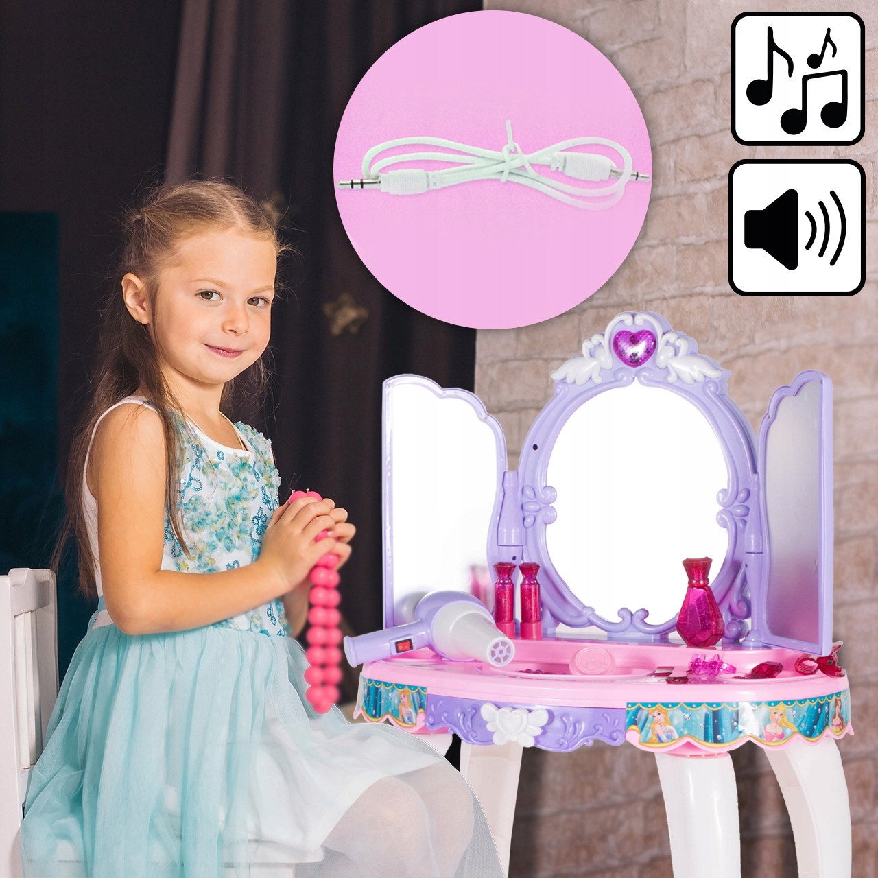 TOALETNÝ STOLÍK S MAGIC WAND MP3 ZRKADLOVÉ SUCHÉ ŠATY Stav pôvodného balenia