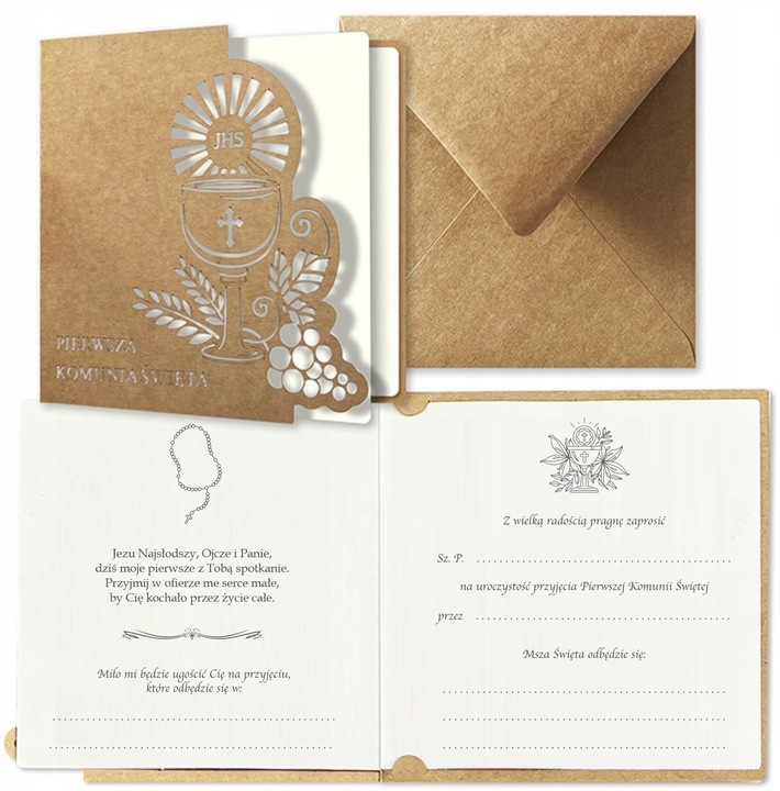 Zaproszenia na komunię dla chłopca lub dziewczynki DUŻE 15cm + KOPERTA Wysokość produktu 15 cm