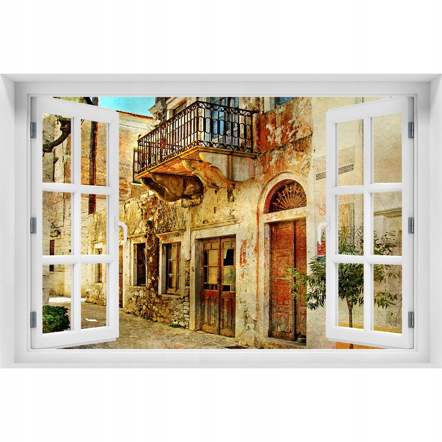 

Naklejka na ścianę 3D Okno widok Uliczki w Grecji