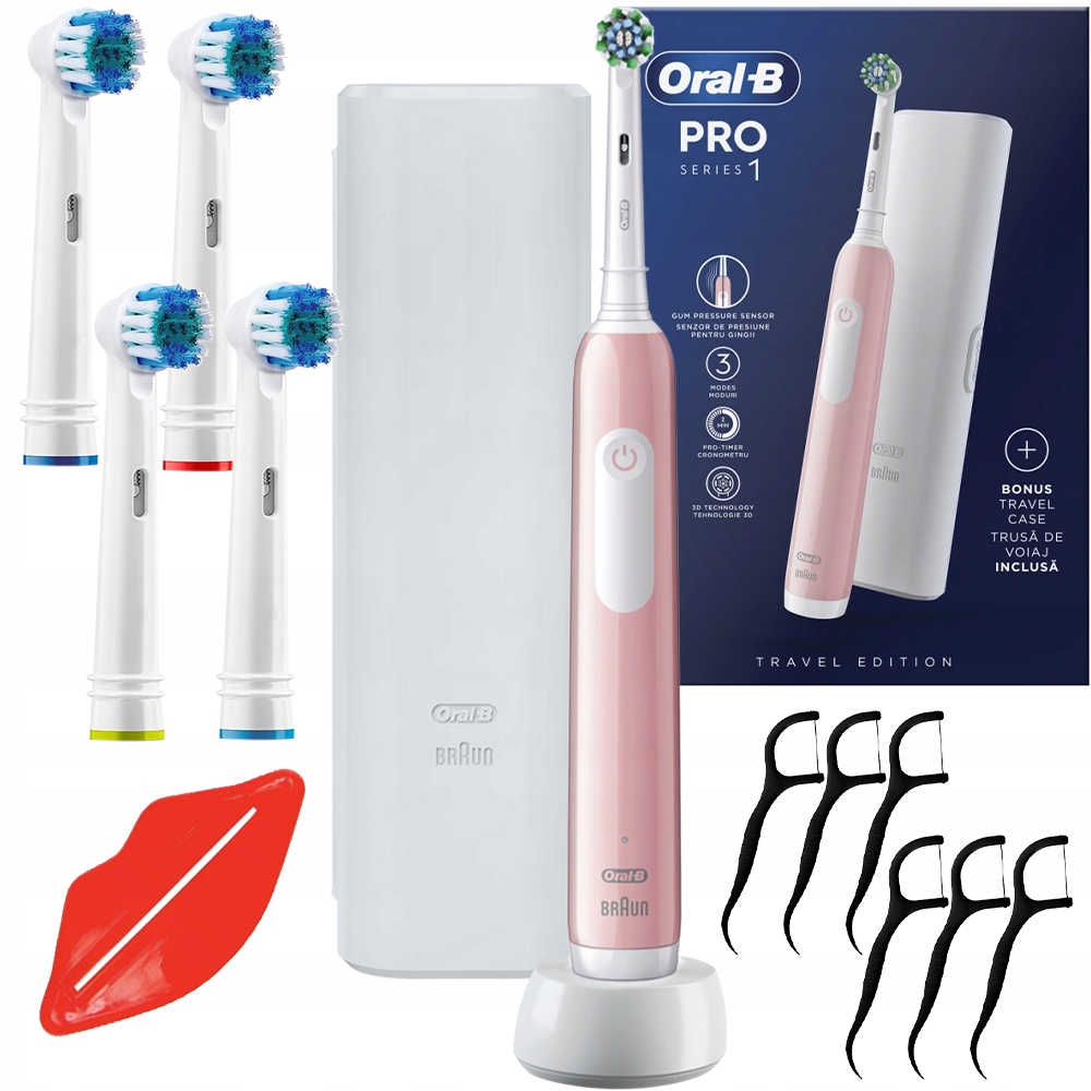 Zestaw Szczoteczka Elektryczna Do Zębów Oral-b Pro 1 Różowa Etui Końcówki