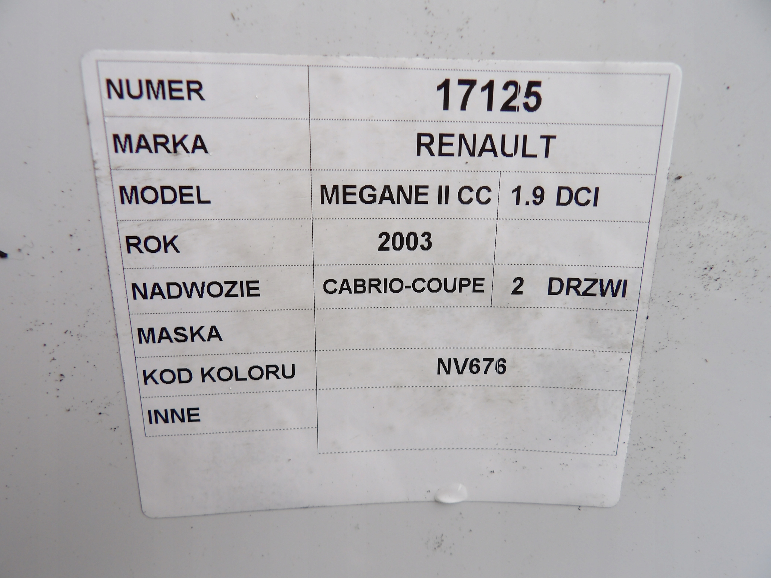 Renault Megane II CC Capot coupe lak. NV676
