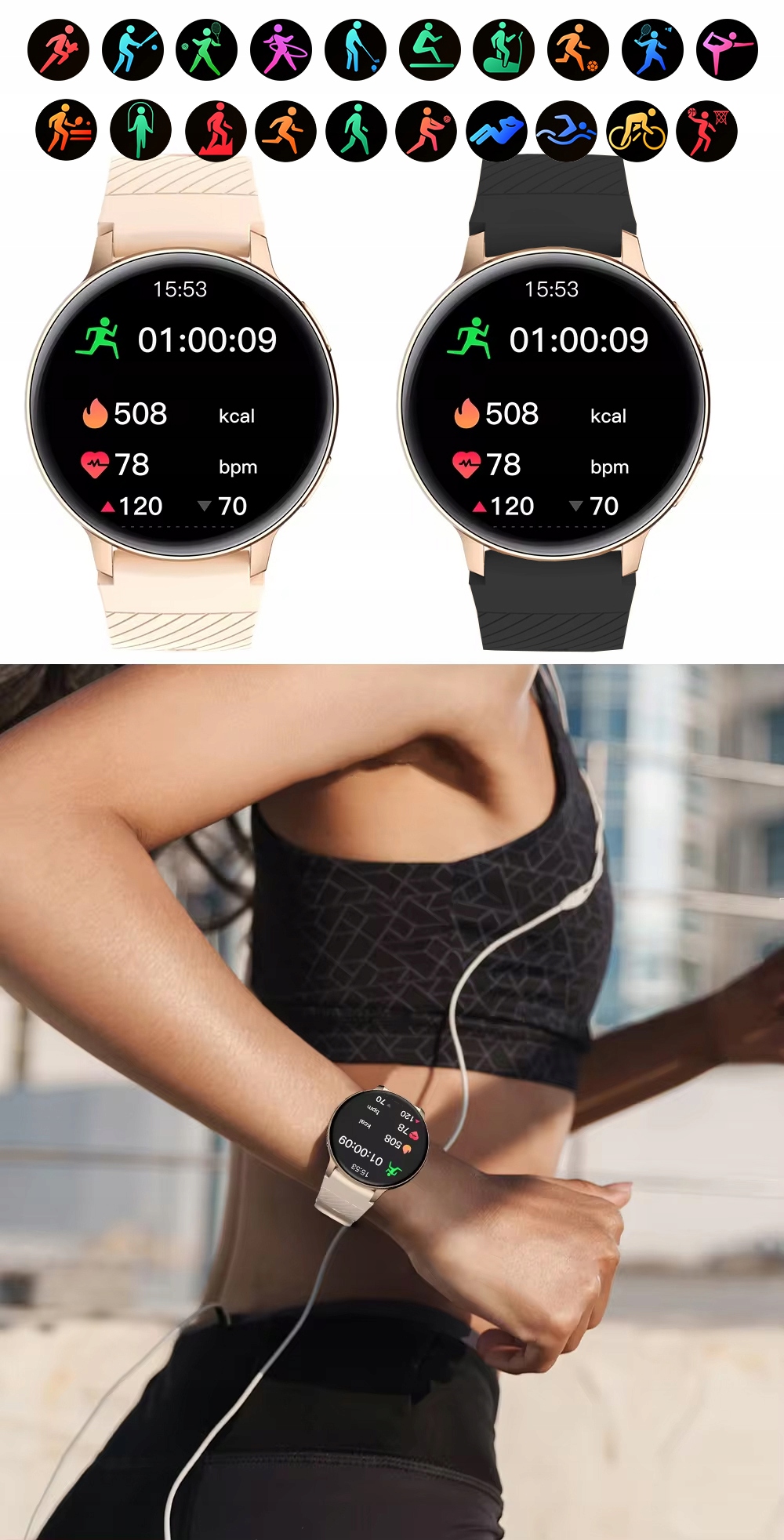 SMARTWATCH ZEGAREK DAMSKI POLSKIE MENU ROZMOWY WIADOMOŚCI 4 PASKI Grubość koperty 10.9 mm