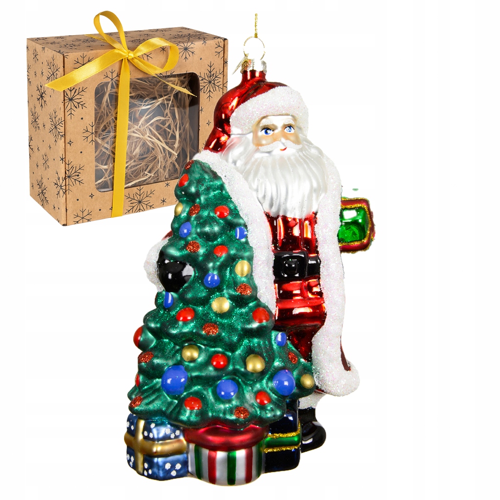 Mikuláš s vánočním stromkem 12x8.8x17 cm, skleněný vánoční přívěsek, vánoční koule