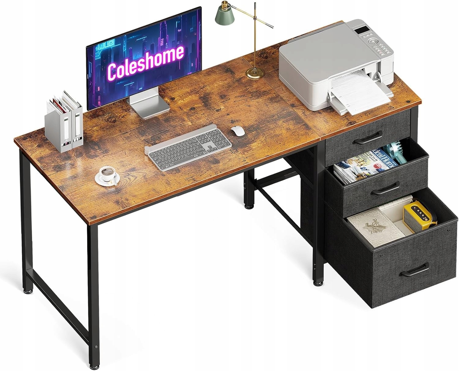 Písací stôl Coleshome 120x48 cm s 3 látkovými zásuvkami hnedý