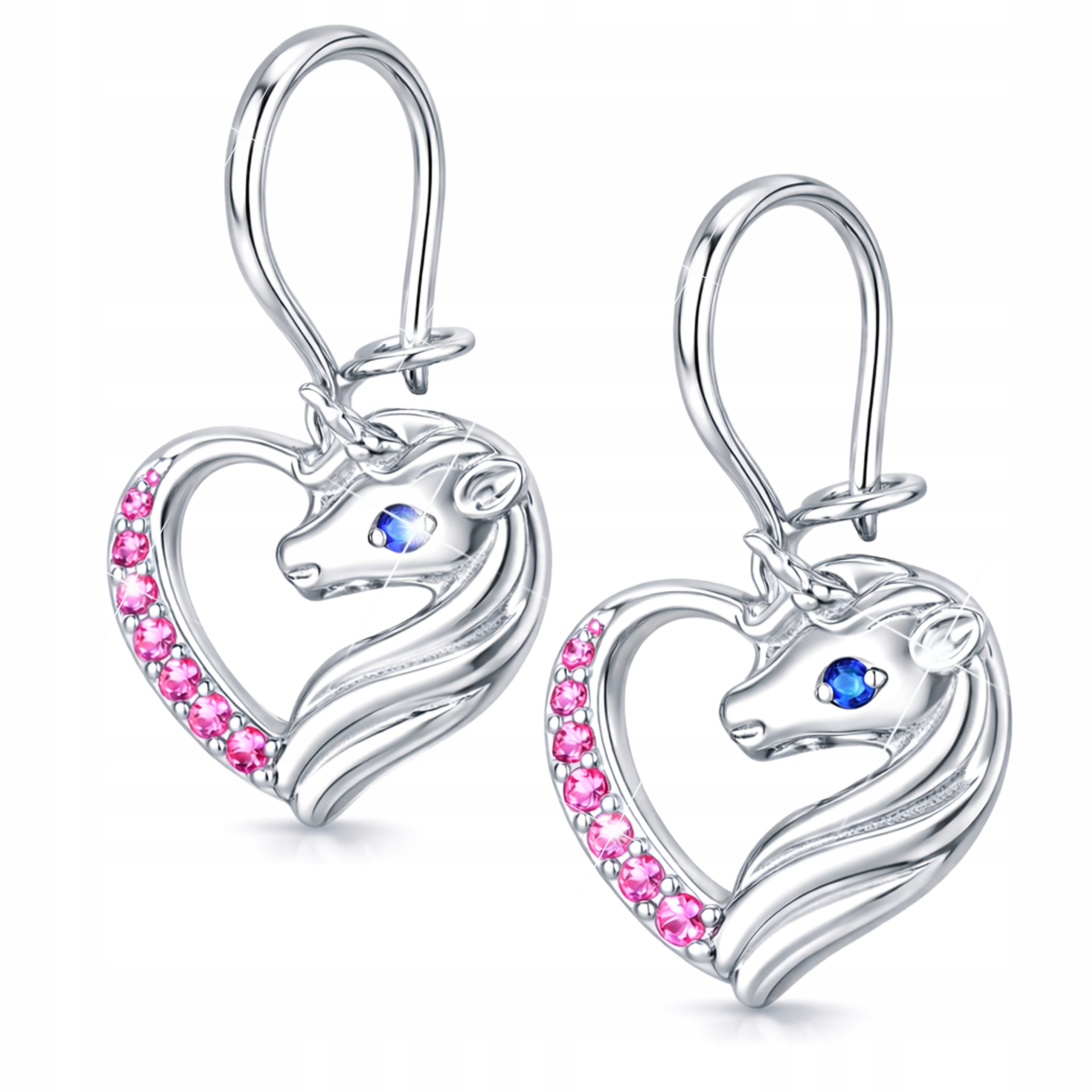 Kolczyki Srebrne Konie z Różowymi Cyrkoniami Serca Koniki Koń Srebro 925