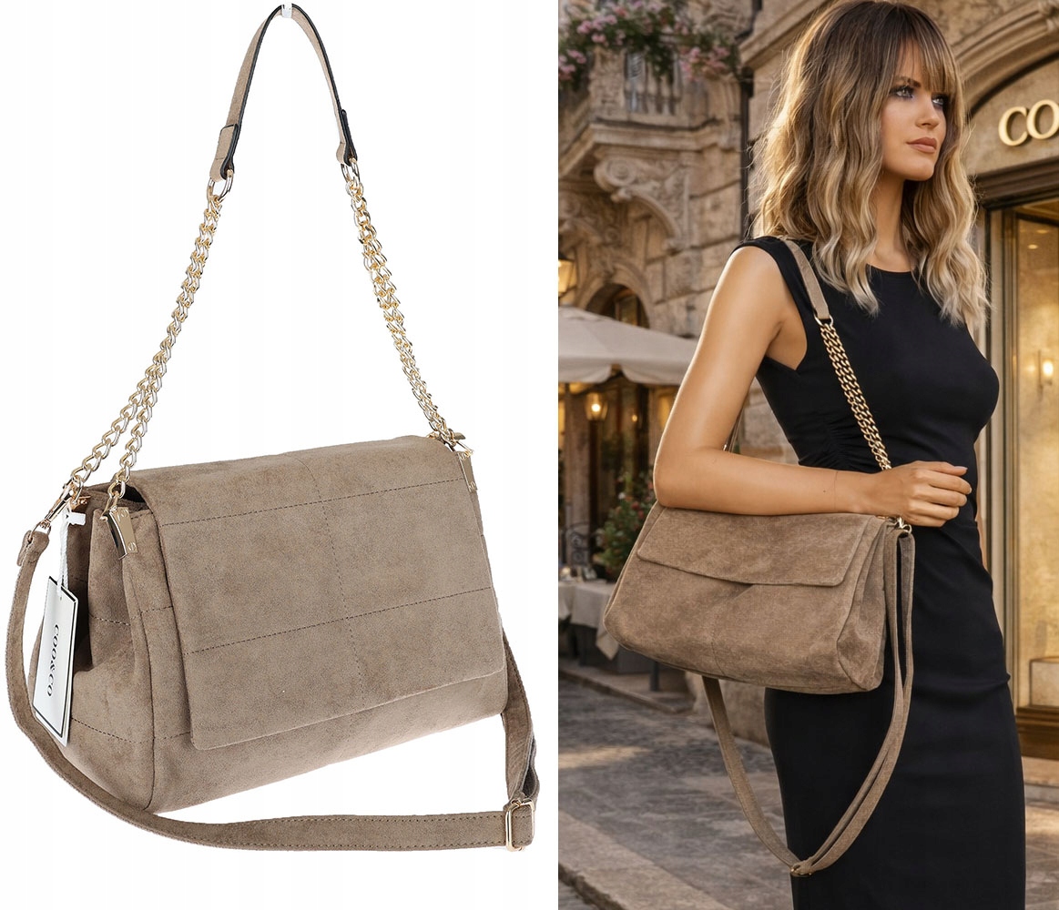 Torebka damska zamszowa pikowana shopper modna listonoszka 601276 Beżowa