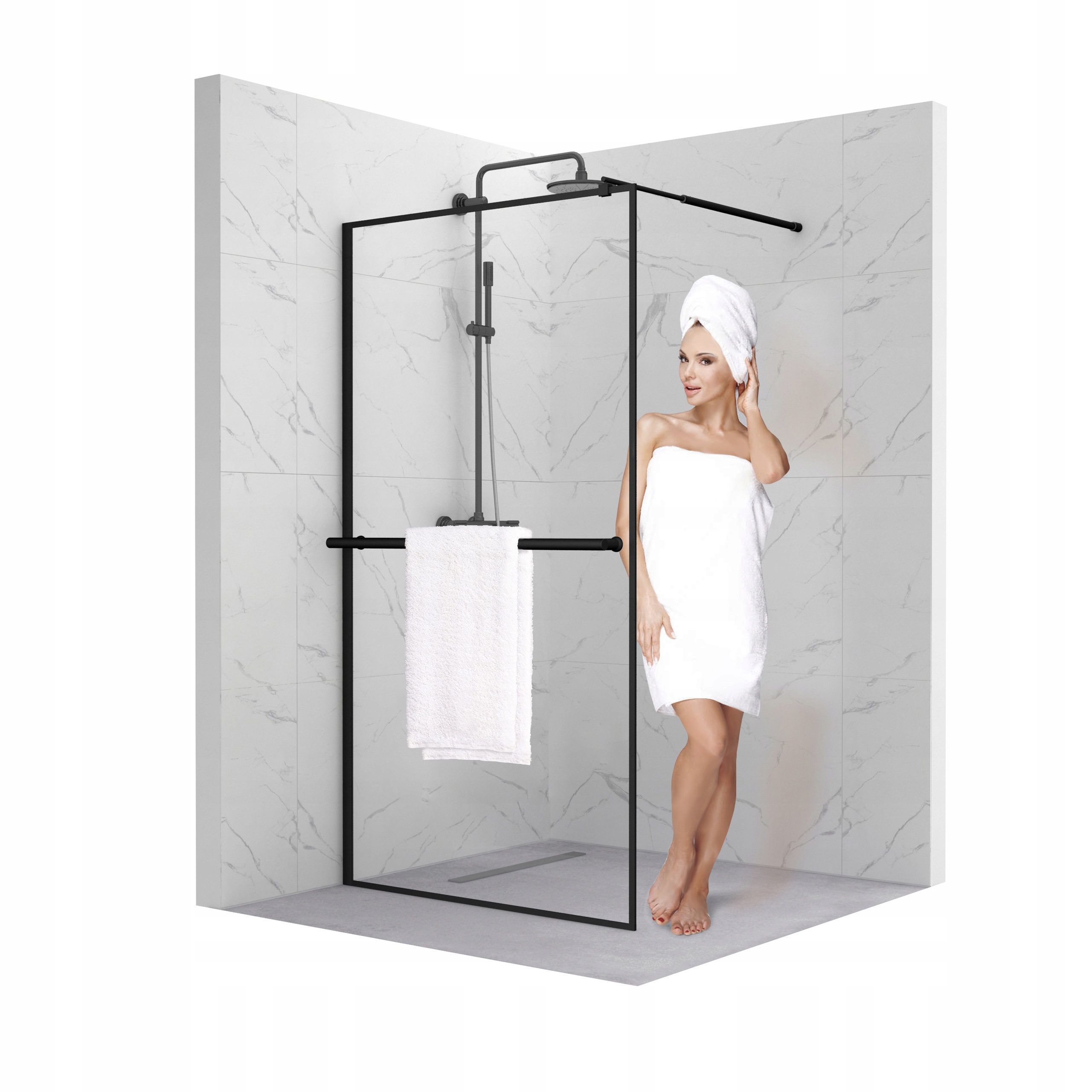 Ścianka szyba prysznicowa walk-in 90 CM czarna drzwi szkło 8MM Esg wieszak