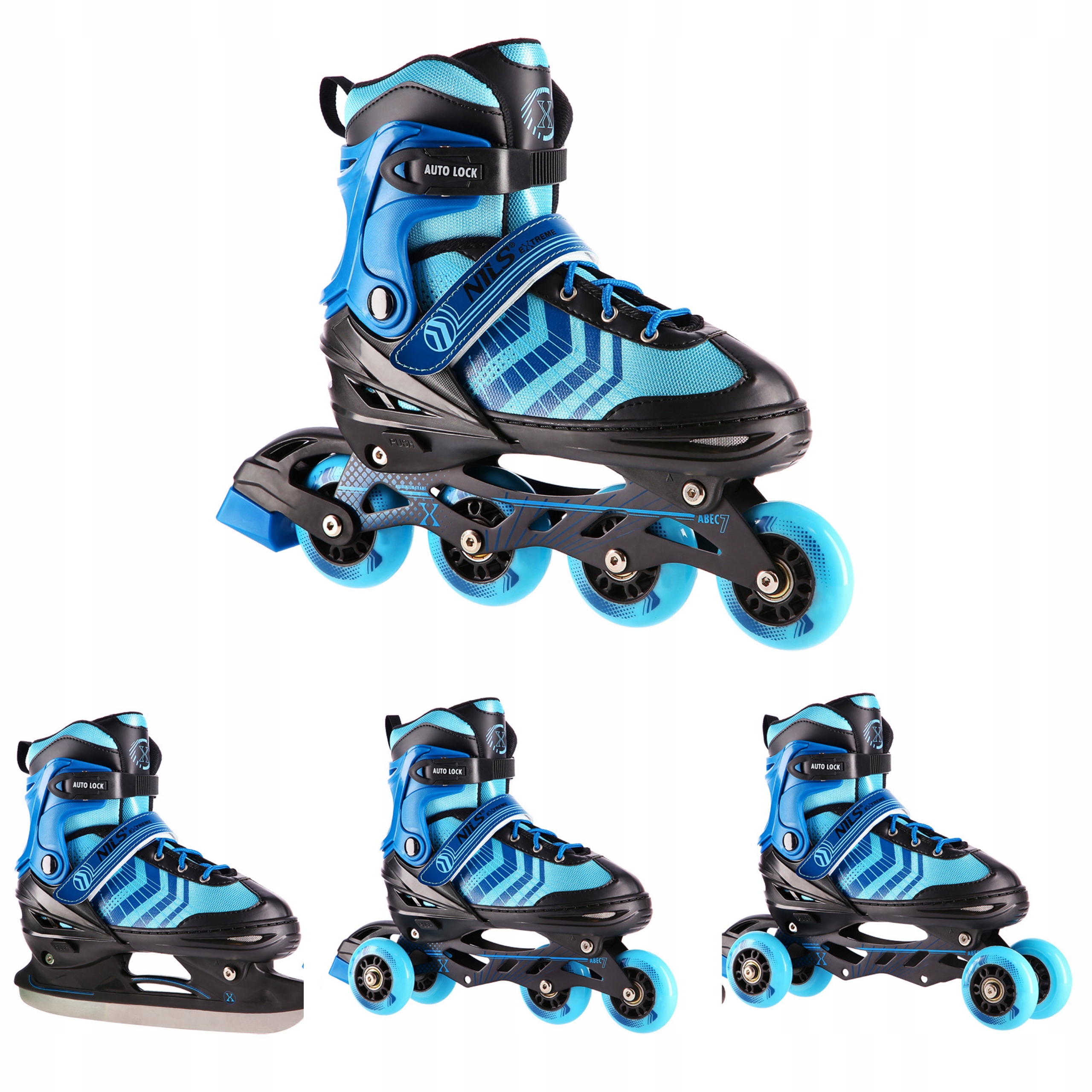 Kolečkové brusle 4v1 nastavitelné L 39-43 modré kolečkové brusle sada alum Nils Extreme