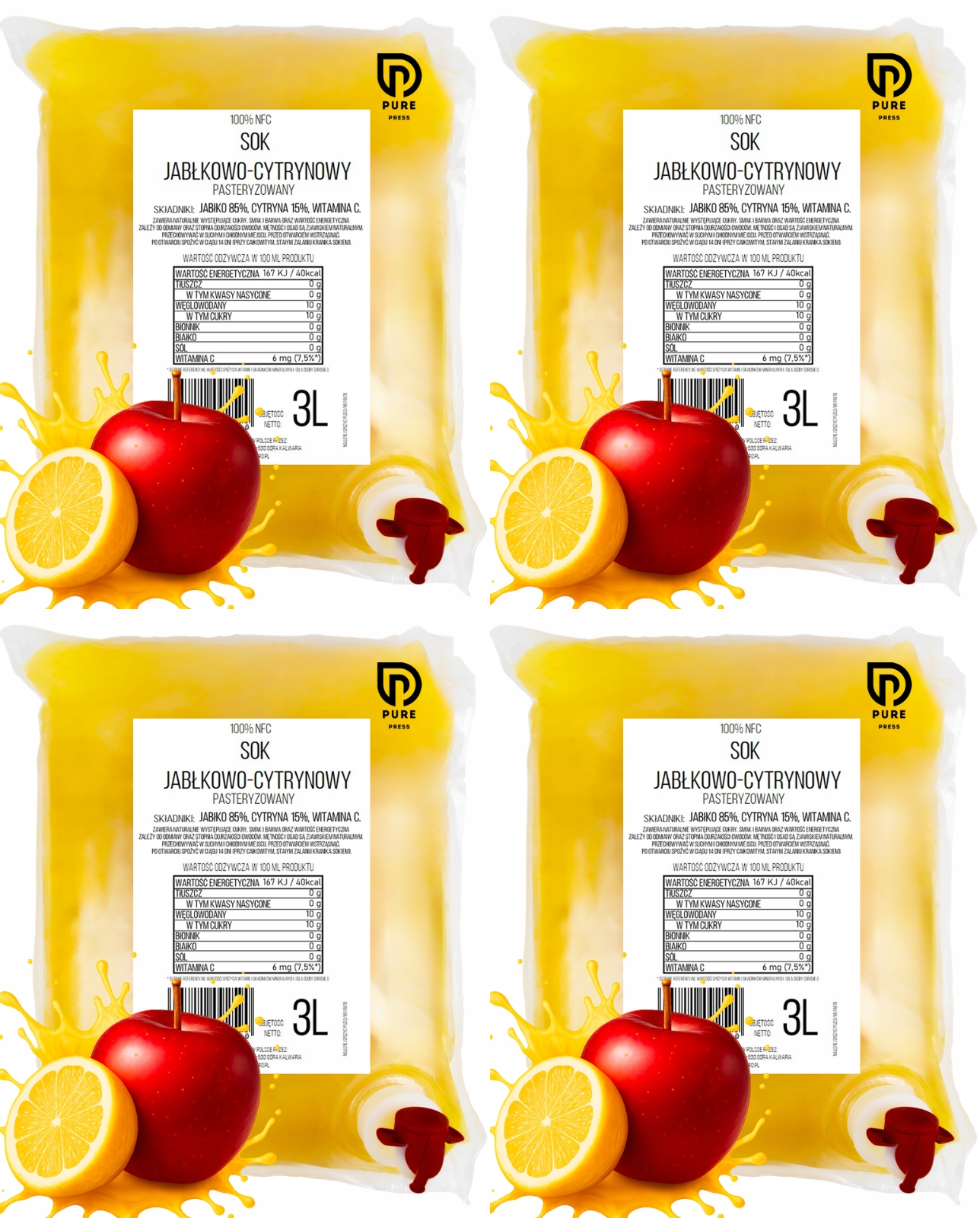 Levně Sada Jablečno-citronových Šťáv Lisovaná 100% Nfc Pure Press 4 x 3L