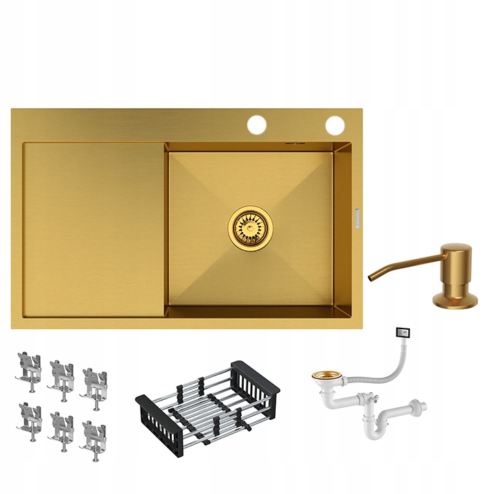 Zlatý Oceľový Drez Jednokomorový Odkvapkávač Sušička Dávkovač BARI78P