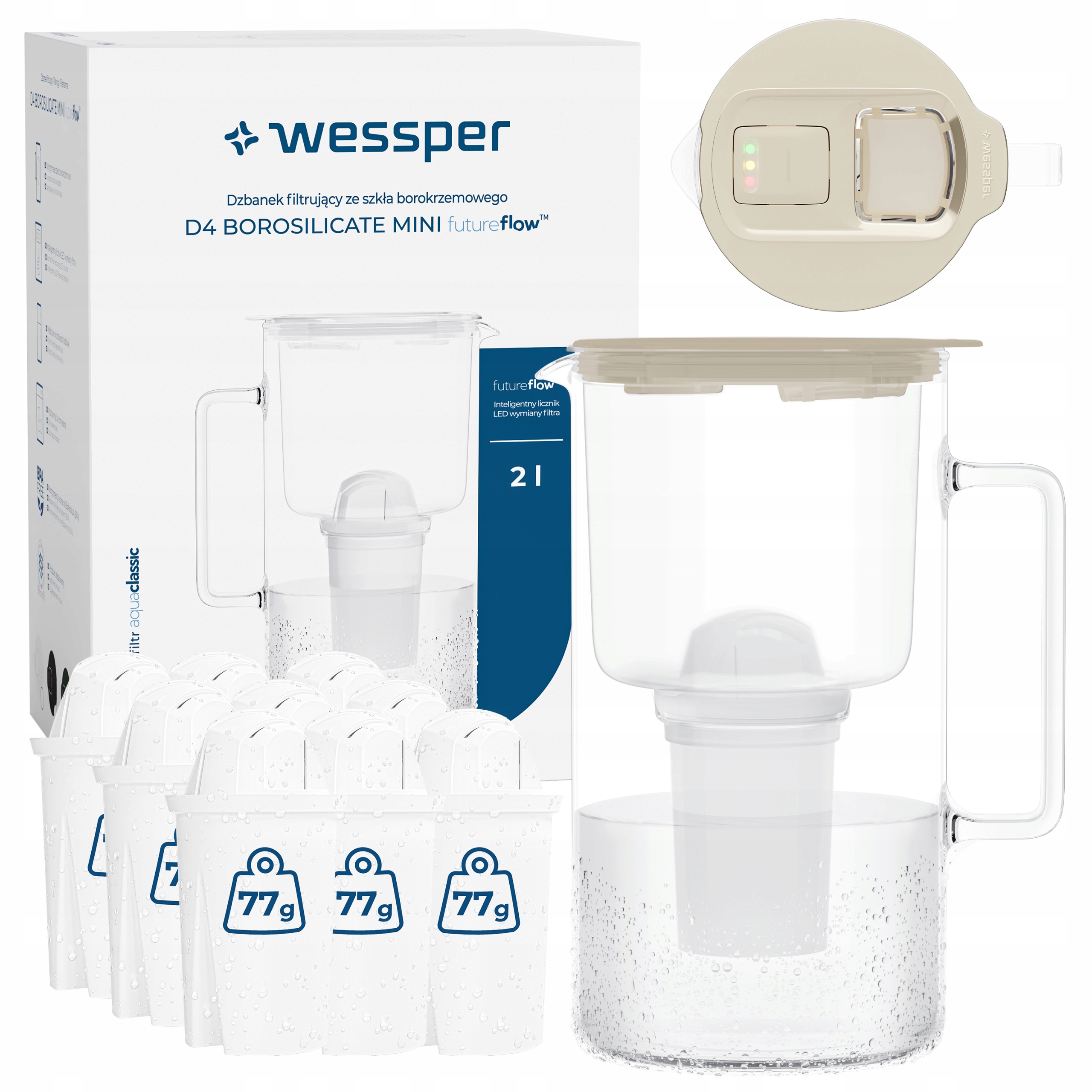 Szklany dzbanek filtrujący Wessper D4 Borosilicate Mini Led 2l 10x filtr