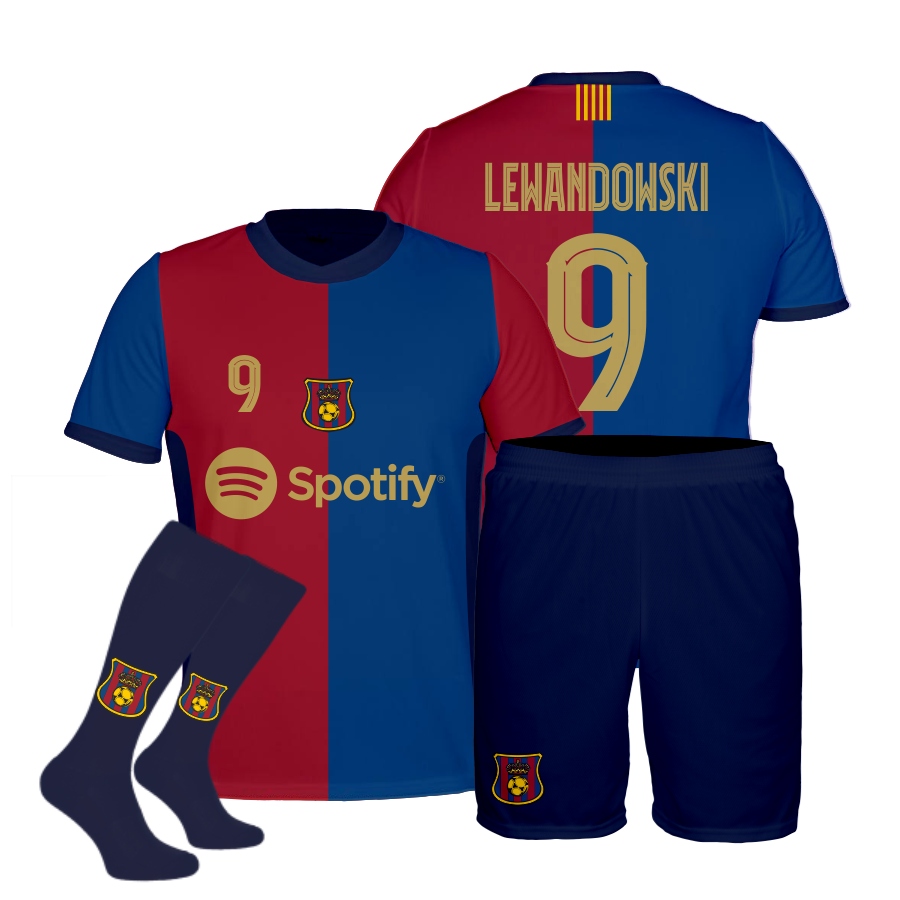 Lewandowski Barcelona strój komplet + getry r. 140