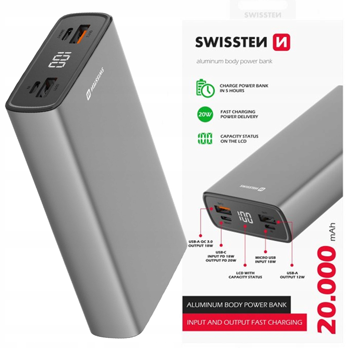 Swissten Powerbank 2x Usb-a Usb-c 20000 mAh Pd Qc kabel 1m