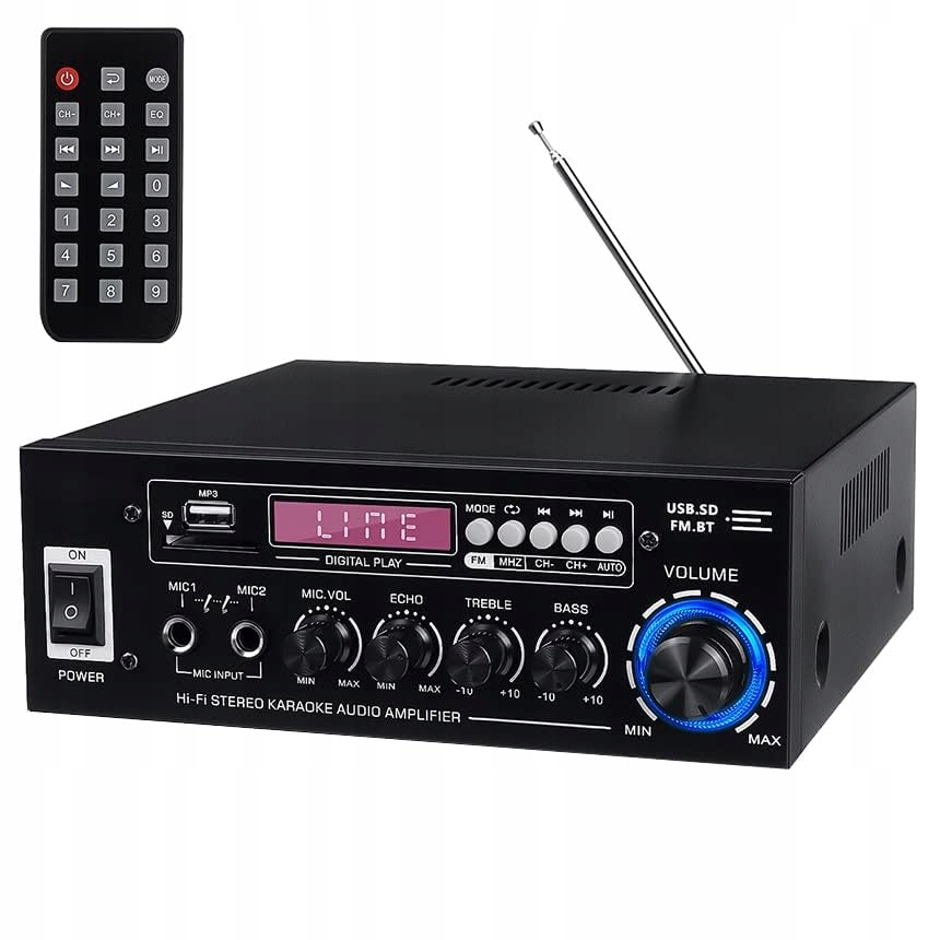 Stereo Zesilovač Bluetooth 5.0 Rádio Fm Led Displej Anténa S Dálkovým Ovládáním