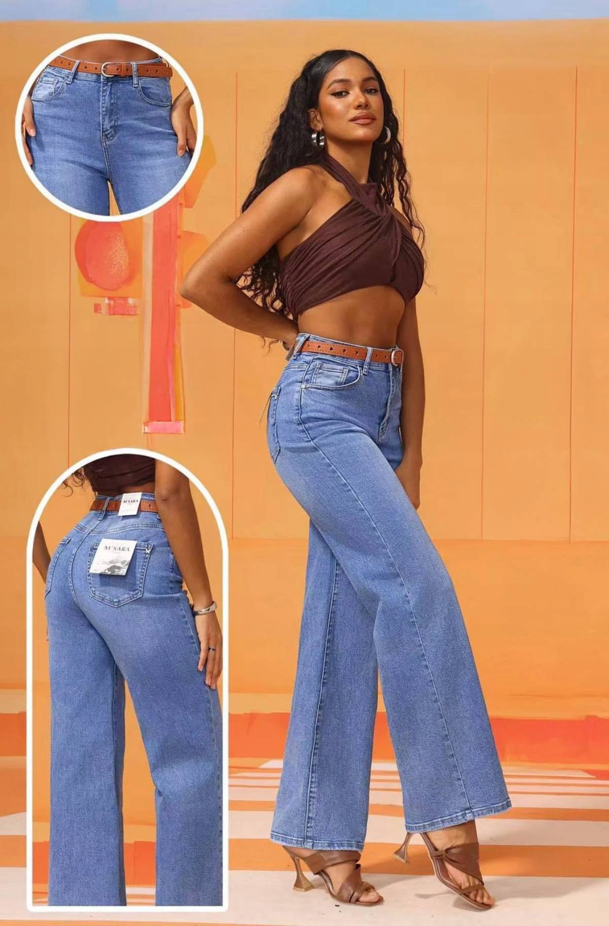M.sara Dámské Džínové Kalhoty Široké Nohavice Švédské Wide Leg Blue 40/L