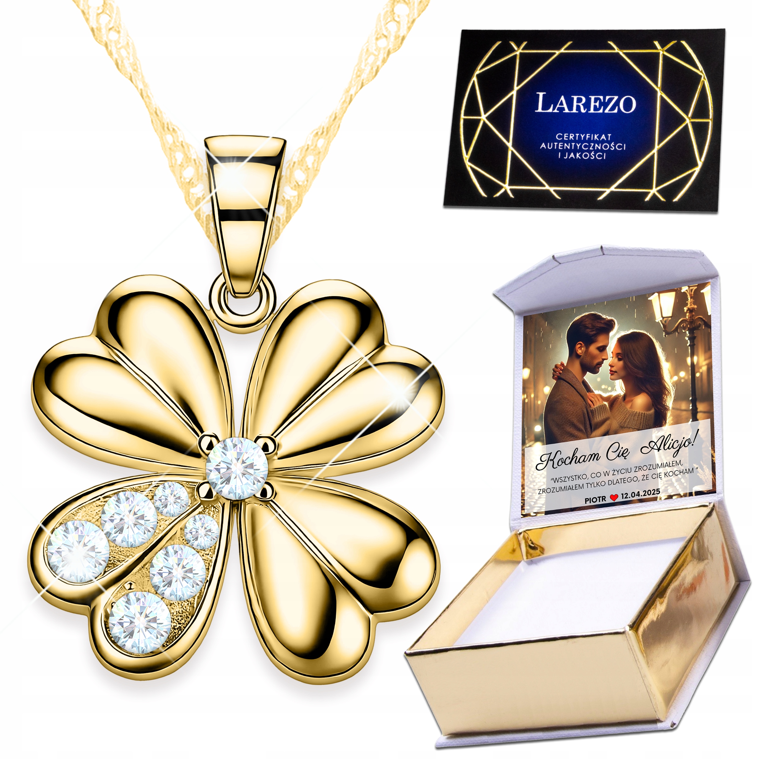 Zlatý náhrdelník 925 Čtyřlístek Jetel s zirkony Listy Srdce Potisk