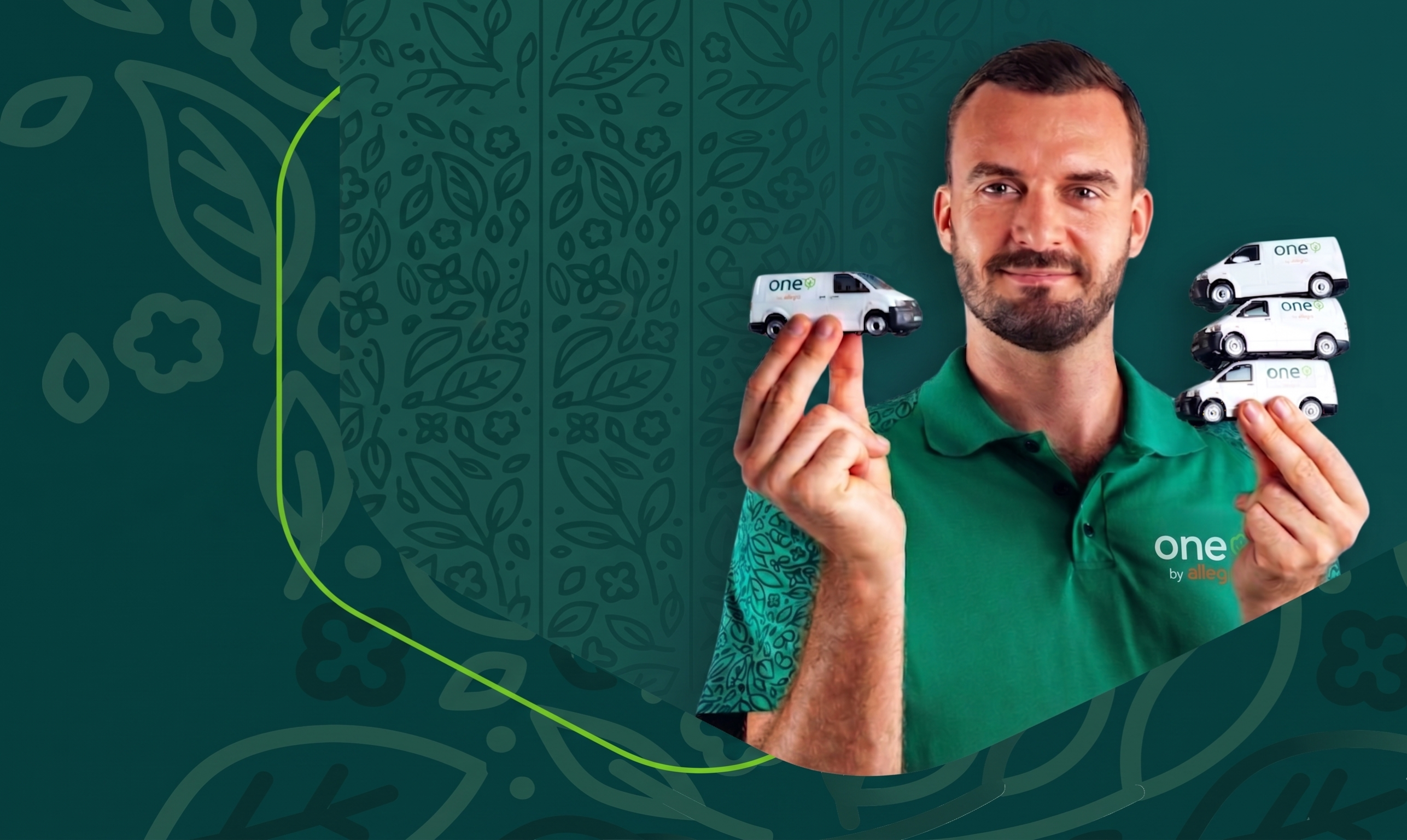One by Allegro green truck models, green fabric shirt, two miniature trucks visible.