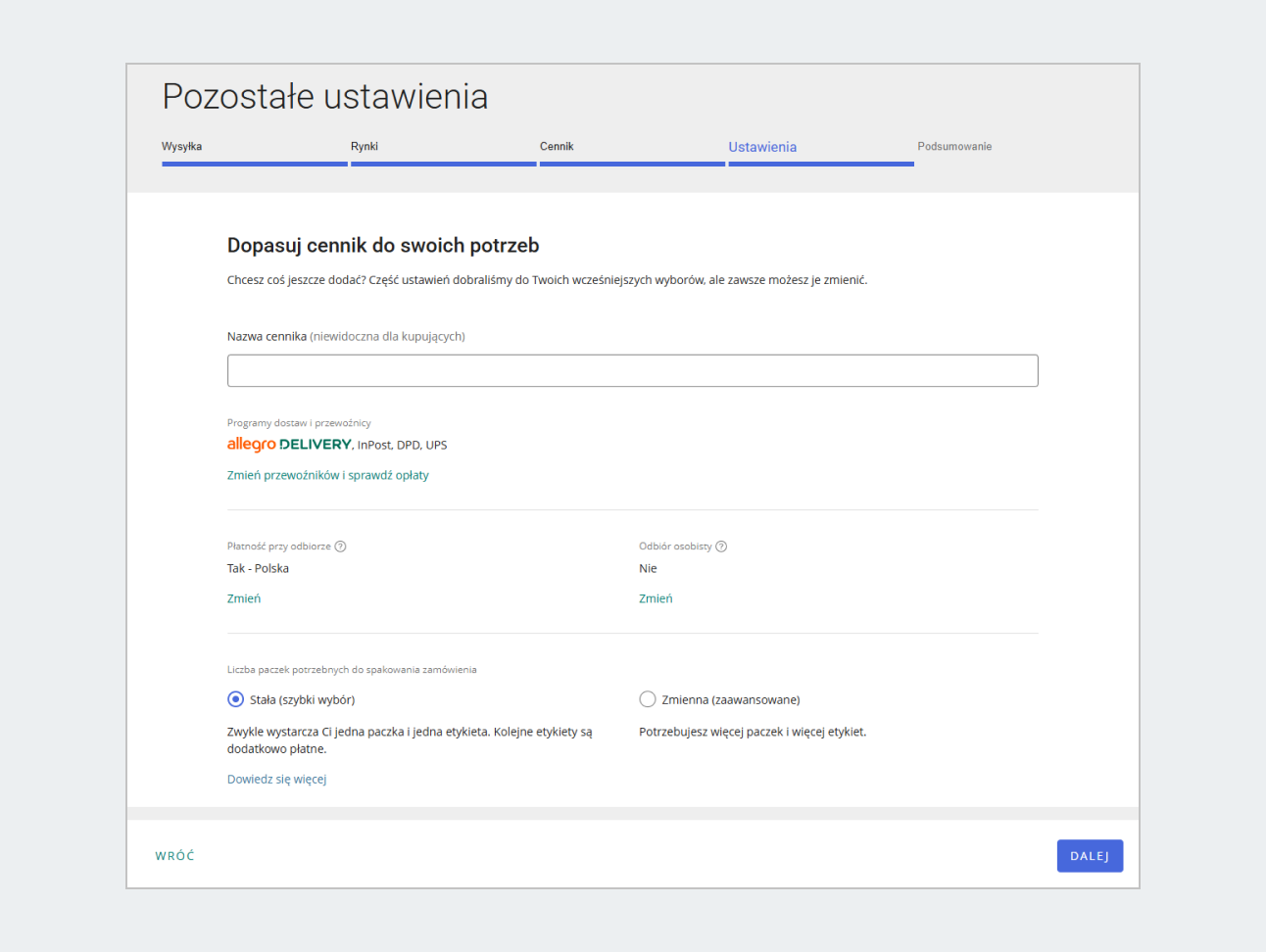 zrzut ekranu główny widok cennika ustawienia