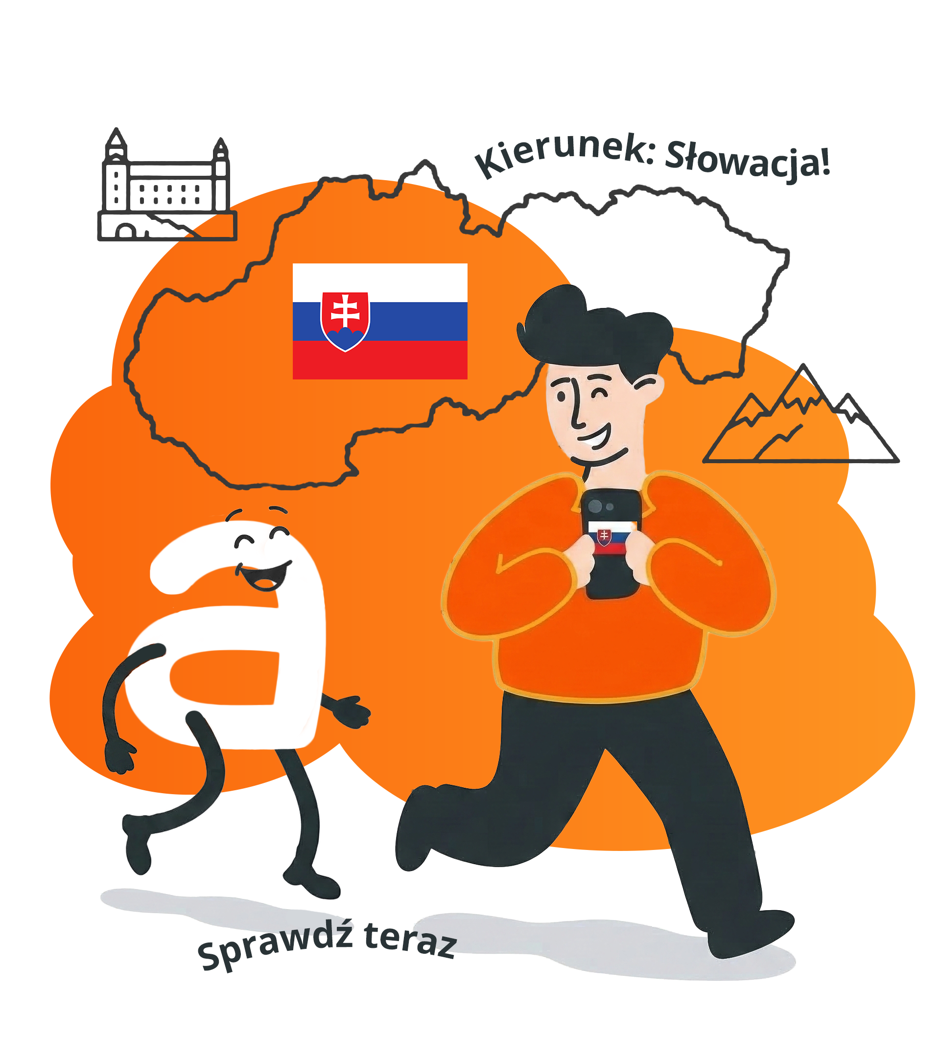 Uśmiechnięta rysunkowa postać i litera "a" na tle konturu mapy Słowacji z flagą. W tle napisy: "Kierunek: Słowacja!", "Sprawdź teraz".
