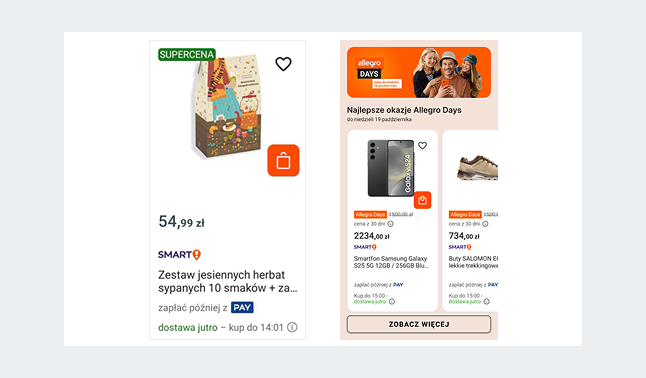 dwa zrzuty ekranu: przykładowa oferta i kampania na stronie głównej aplikacji