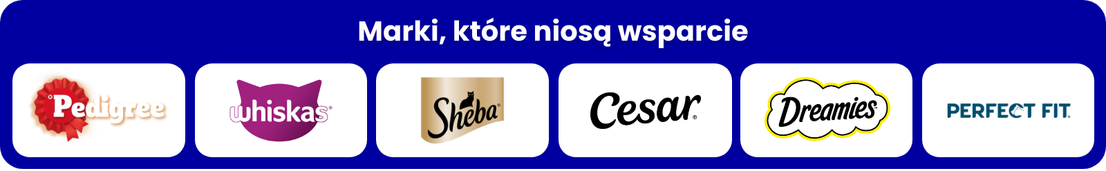 Cat food brands: Pedigree, Whiskas, Sheba, Cesar, Dreamies, Perfect Fit.