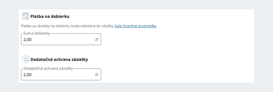 sekcie platba na dobierku a dodatočná ochrana zásielky