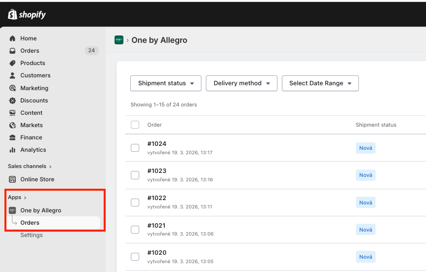 Shopify dashboard screenshot, green interface, web application, order management.