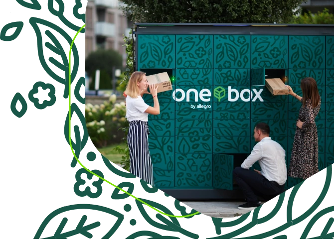 One Box by allegro, green modular storage unit, textured panels, three people interacting.