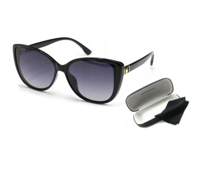 Niezalecane zdjęcie: dwa ujęcia: widok okularów przeciwsłonecznych z przodu i widok pustego etui na okulary z chusteczką.