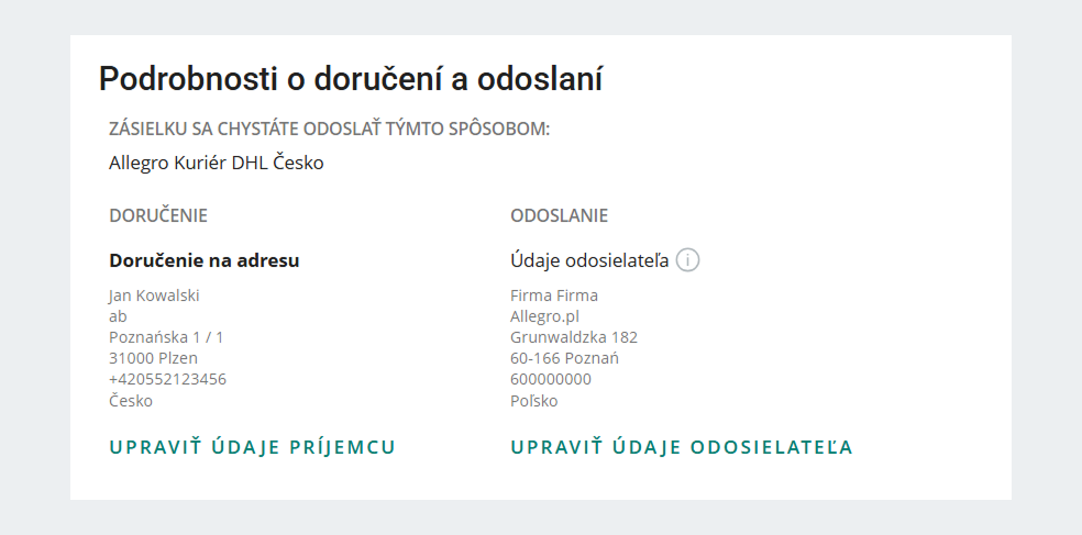 údaje o odoslaní
