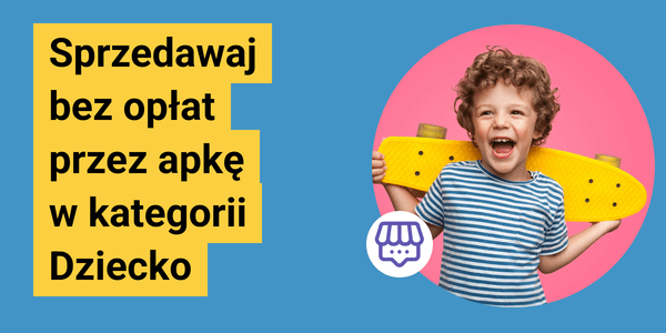 Kids' selling app, yellow skateboard, blue shirt, playful child.