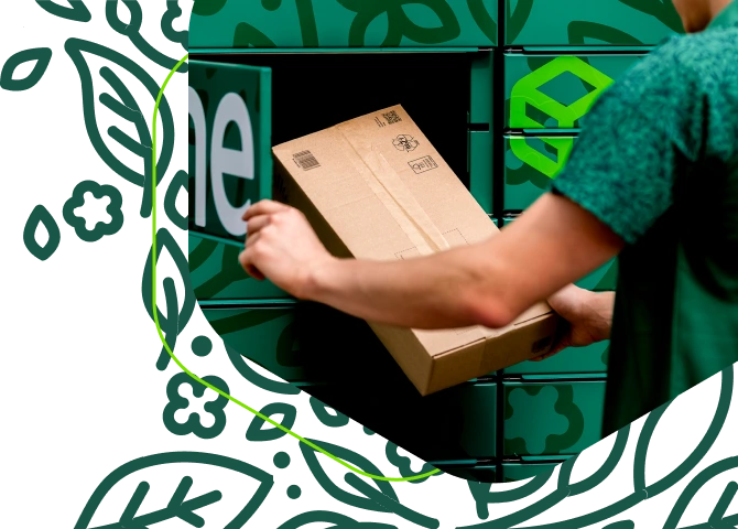 Brown cardboard box, green background, recycled material, hand holding package.
