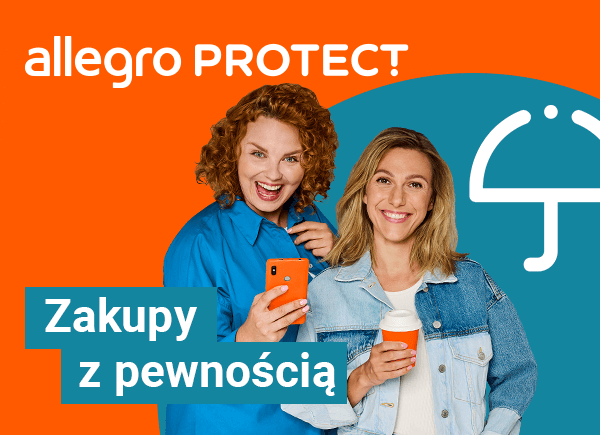 Dwie uśmiechnięte kobiety z reklamy Allegro Protect trzymają telefon i kubek kawy. Obok nich napis: zakupy z pewnością.