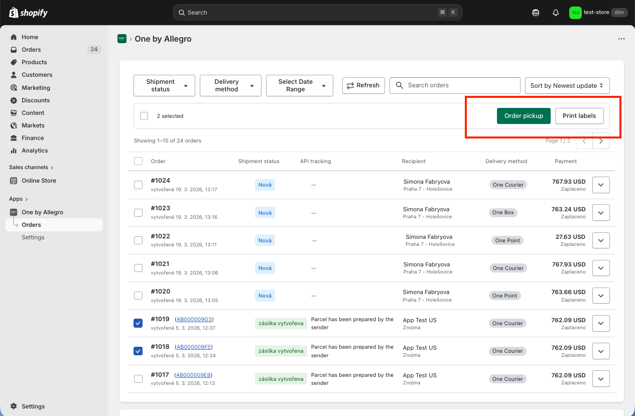 Shopify Order Management Dashboard, blue interface, displays order details.
