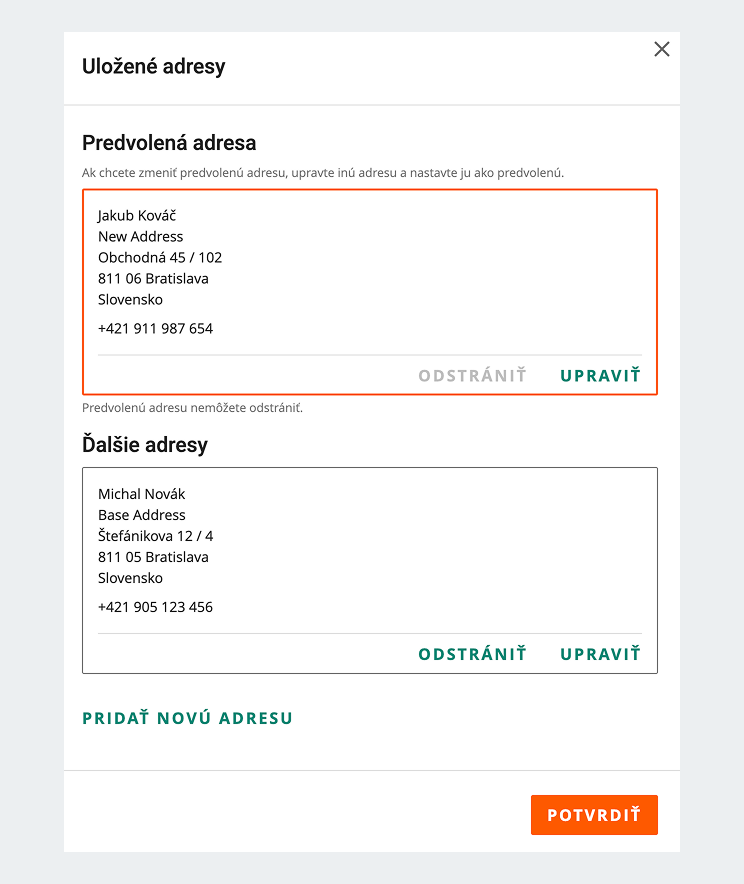 Adresy vo formulári Doručenie a platba