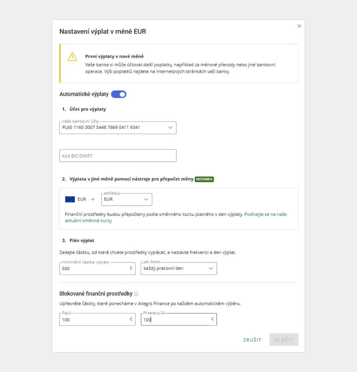 nastaveni vyplat eur
