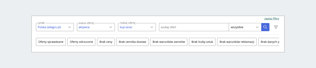 zrzut ekranu: zestaw filtrów w zakładce Mój asortyment