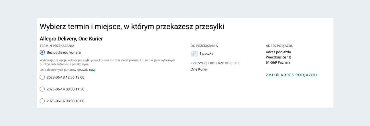 zrzut z ekranu: widok z formularza nadawania przesyłek
