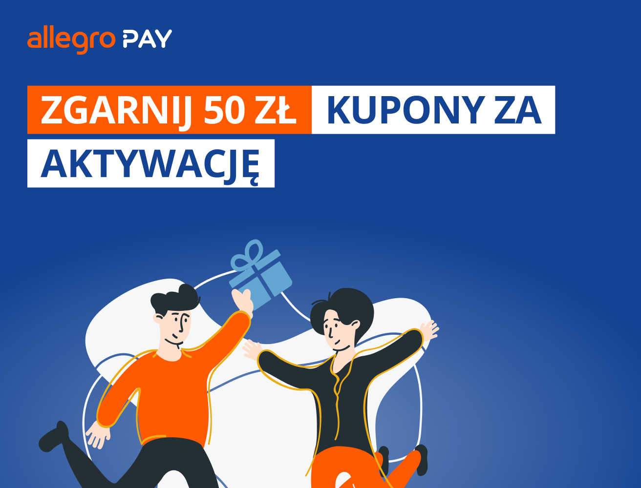 Allegro Pay promotional graphic, blue background, two figures, gift exchange.