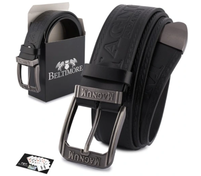 Niezalecane zdjęcie: trzy różne ujęcia paska: widok zwiniętego paska pod kątem, widok zwiniętego paska w pudełku i zbliżenie na metkę.