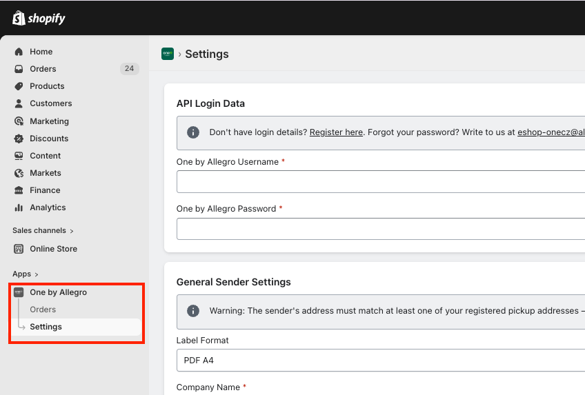 Shopify Settings page, dark gray background, PDF document, A4 size.