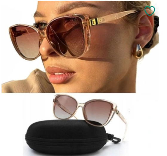 Niezalecane zdjęcie: na górze ujęcie kobiety w okularach przeciwsłonecznych na białym tle, pod nim ujęcie tych samych okularów opartych o zamknięte etui.