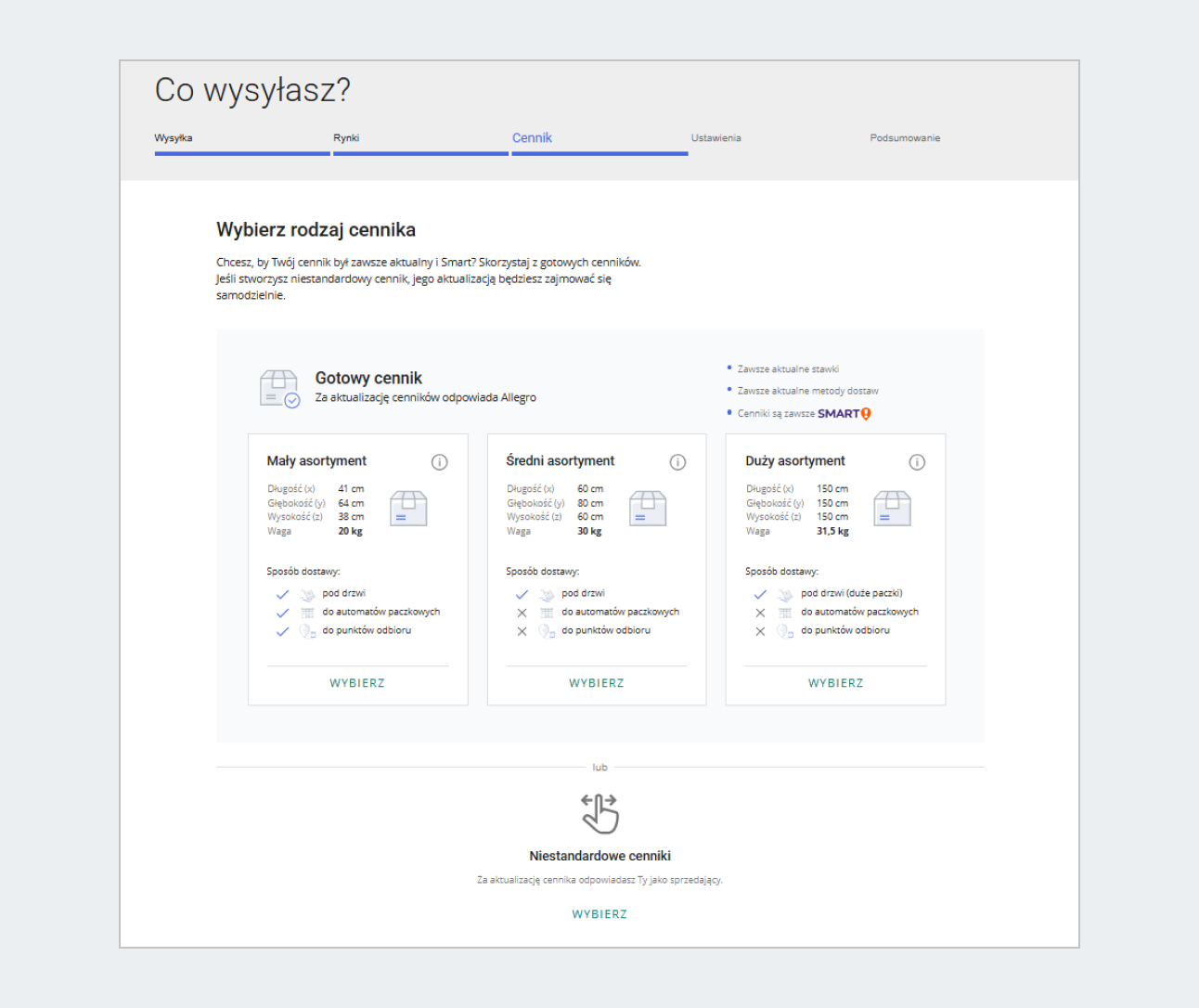zrzut ekranu główny widok cennika wybór cennika