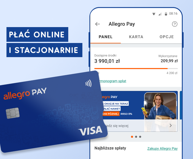 Allegro Pay card, blue, plastic, Visa logo, payment options.