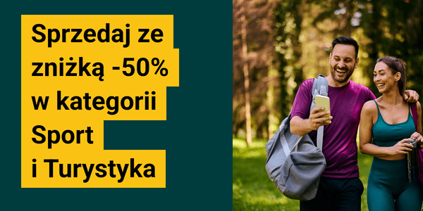 Sport and Hiking Sale: Man and woman walking, blue backpack, teal shirt.