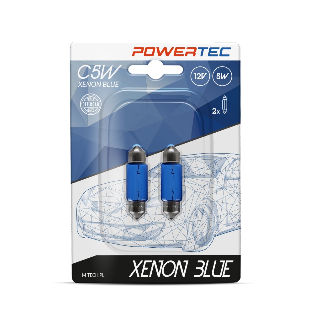 Żarówki Powertec Xenon Blue 12V 5W SV8,5-8 C5W 11x36 36mm Rurki niebieskie