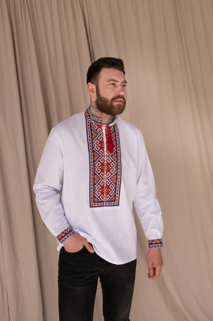 Biała męska koszula z haftem ludowym Folk czerwony | Warszawa | Kup teraz  na Allegro Lokalnie